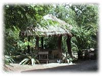 [Photograph of a small hut with a straw roof outside the kitchen.]